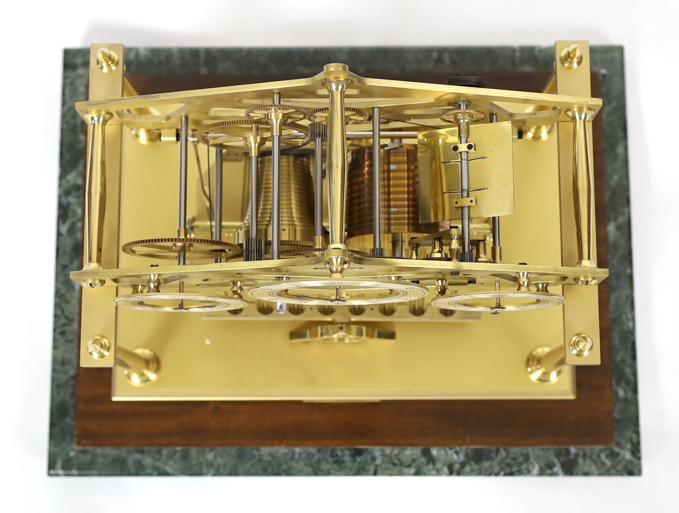 A Charles Frodsham Congreve design rolling ball clock 49cm wide, 37cm deep, 45cm high, with original paperwork from Dent of London